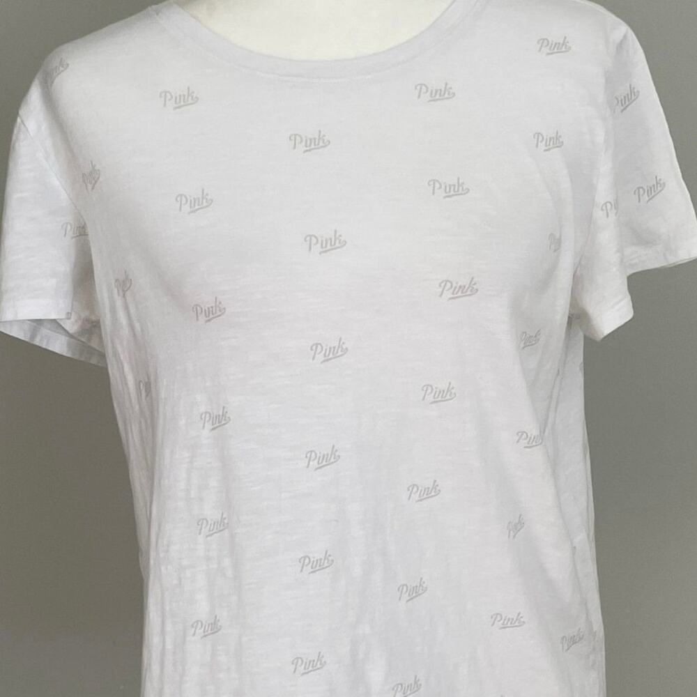 Victoria’s Secret PINK Perfect Crew T-Shirt White Gray All Over Logo Sz Large